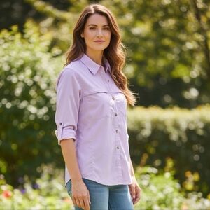 L.L. Bean Women's Athletic Button-Up Shirt in Light Lavender
